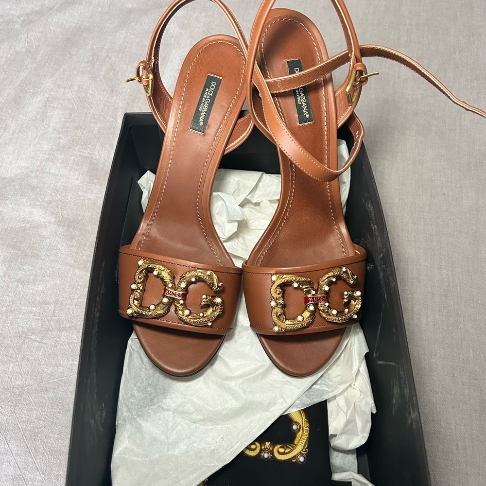 Dolce & Gabbana Brown Sandals with Gold Embellishment